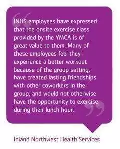 INHS employees have expressed that the onsite exercise class provided by the YMCA is of great value to them. Many of these employees feel they experience a better workout because of the group setting, have created lasting friendships with other coworkers in the group, and would not otherwise exercise have the opportunity to exercise during their lunch hour. Quote from Inland Northwest Health Services.
